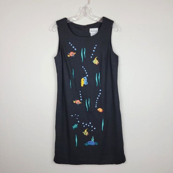 Vintage Ultra Dress Linen Sea World Embroidered Sleeveless Knee Length Dress S - Picture 1 of 12